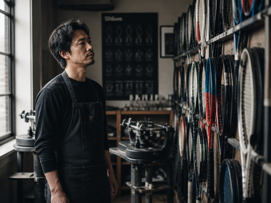 A pensive professional racquet technician standing in a workshop beside a wall rack of…