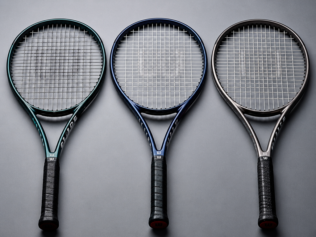 A pristine close-up of three tennis racquets laid side by side on a clean…