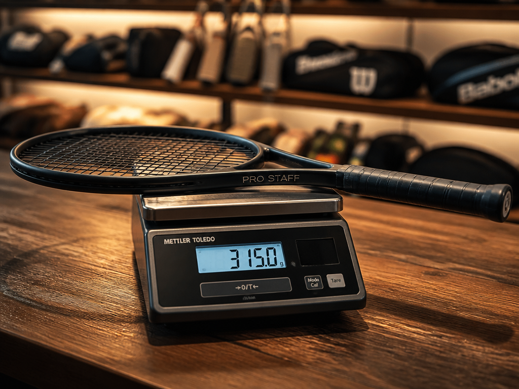 A digital kitchen-style balance scale on a sport shop counter with a single black…