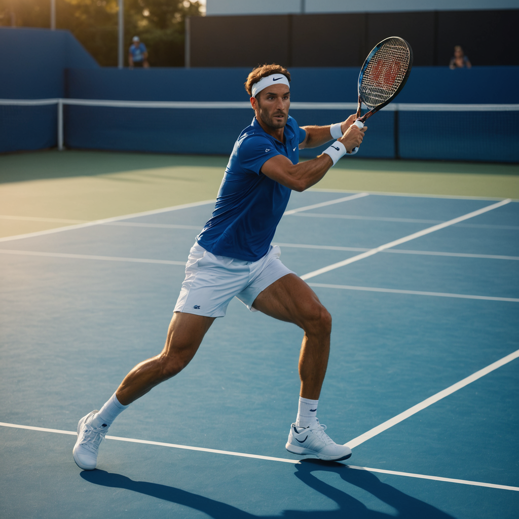 Wide-angle photograph of a professional tennis player mid-follow-through on a forehand swing on a…