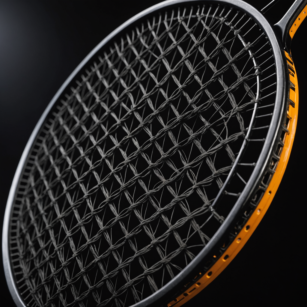Extreme macro photograph of a black tennis racquet stringbed with a 16x19 open string…