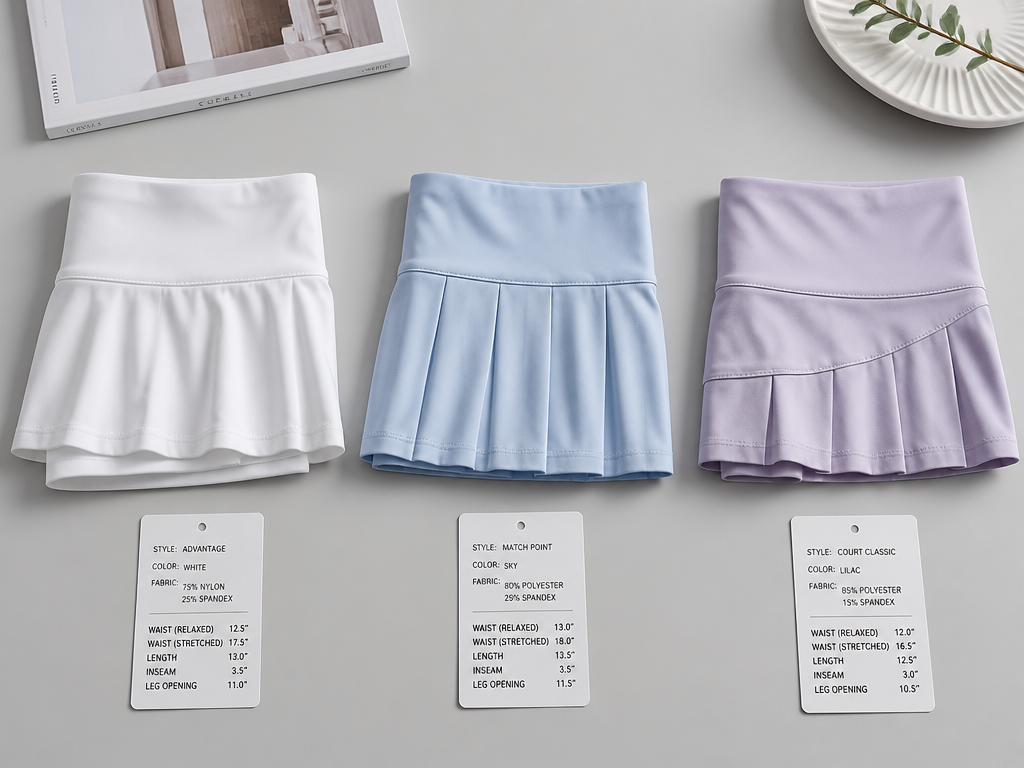 A clean, editorial flat-lay of three folded white and pastel tennis skirts arranged in…