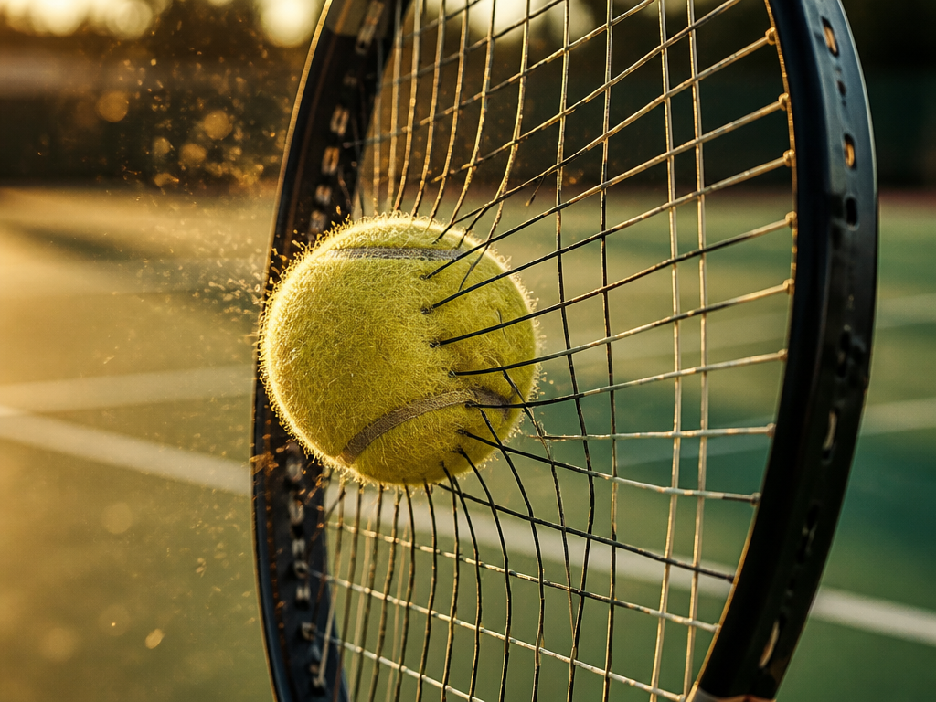 Dramatic action photograph of a tennis ball compressing against the strings of a racquet…