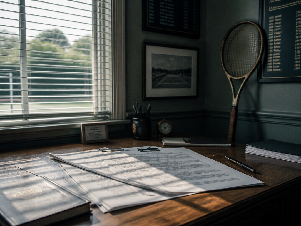 A wide cinematic photograph of a quiet tennis clubhouse desk near a window, a…