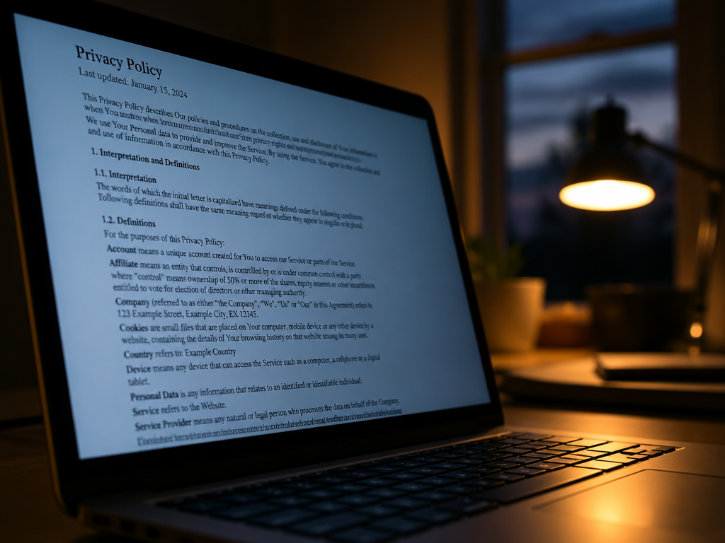 A close-up macro photograph of a laptop screen displaying dense lines of a privacy…