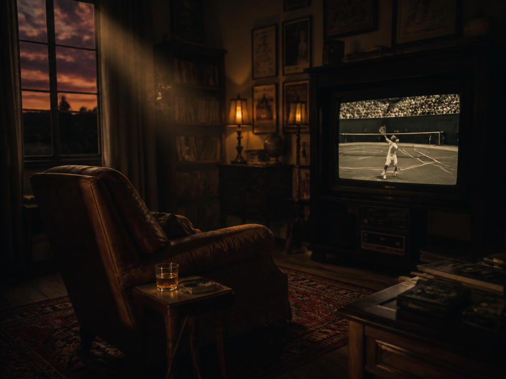 A vintage home-theater scene at dusk: an empty worn leather armchair facing a glowing…
