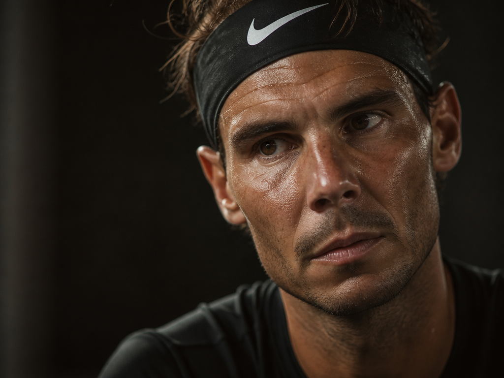 Intimate close-up portrait of a focused tennis player's face mid-thought, sweat glistening on the…