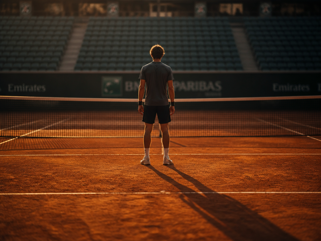 A lone tennis player viewed from behind on an empty outdoor clay court at…
