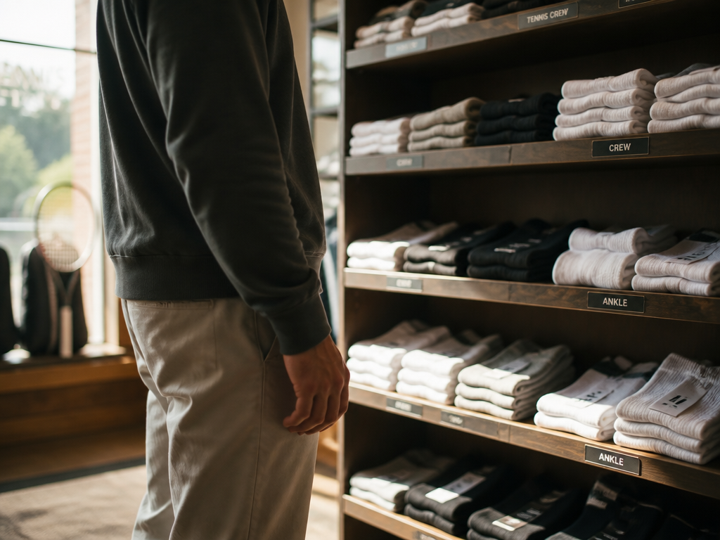 Atmospheric photograph inside a softly lit tennis pro shop, a wall display of folded…