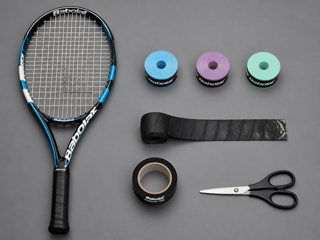 Overhead flat-lay photograph on a matte gray surface showing a tennis racquet, three rolls…