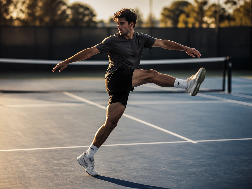 A solitary amateur tennis player mid-lunge on an empty hard court at golden hour…
