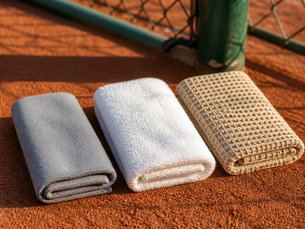 Three folded tennis towels arranged side by side on a sunlit clay court surface…