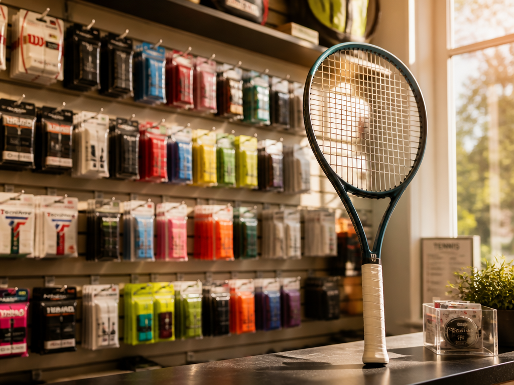 Wide environmental photograph inside a sunlit tennis pro shop, rows of colorful replacement grips…