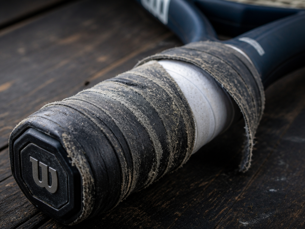 Extreme close-up macro photograph of a worn tennis racquet handle resting on a dark…
