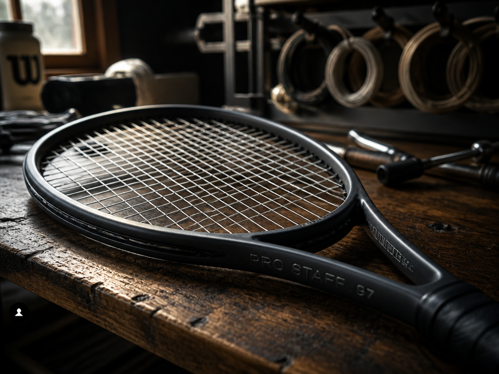 A close-up macro photograph of a single tennis racquet head resting on a worn…