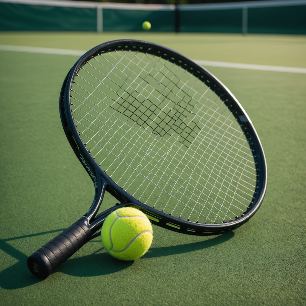 Close-up product photograph of a modern black-and-metallic tennis racquet resting on the green hard…