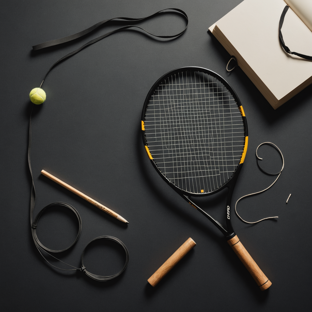 Overhead flat-lay studio photograph on a matte charcoal surface featuring a single unbranded tennis…