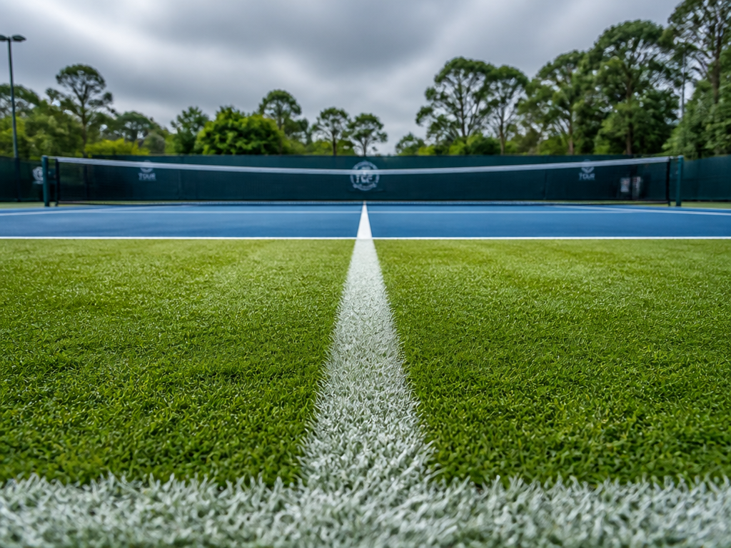 A wide professional photograph contrasting two tennis surfaces, a pristine green grass court in…