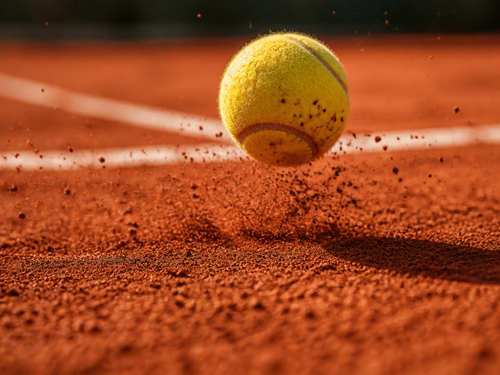 A close-up macro photograph of a yellow tennis ball mid-bounce just above the textured…