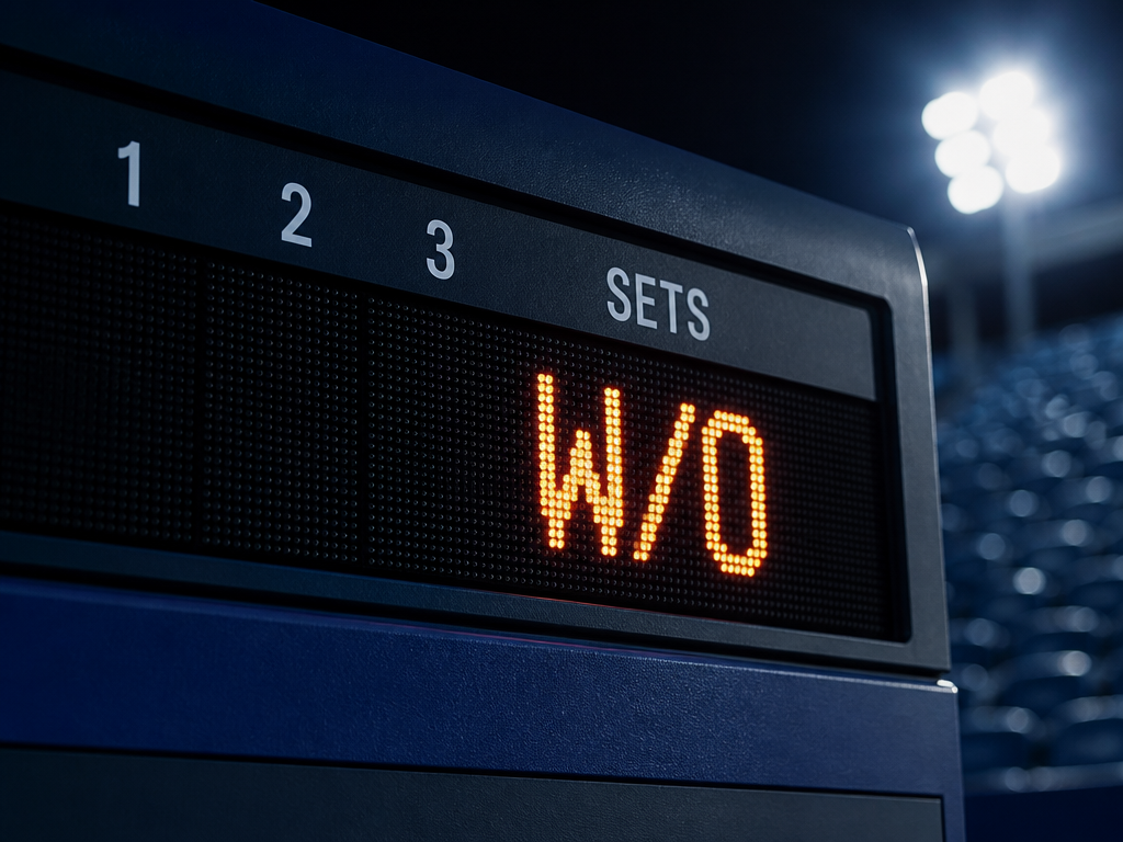 A close-up photorealistic shot of an official electronic scoreboard at a tennis stadium displaying…