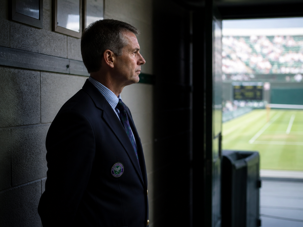 A tournament referee in a dark blazer standing at the edge of a tennis…