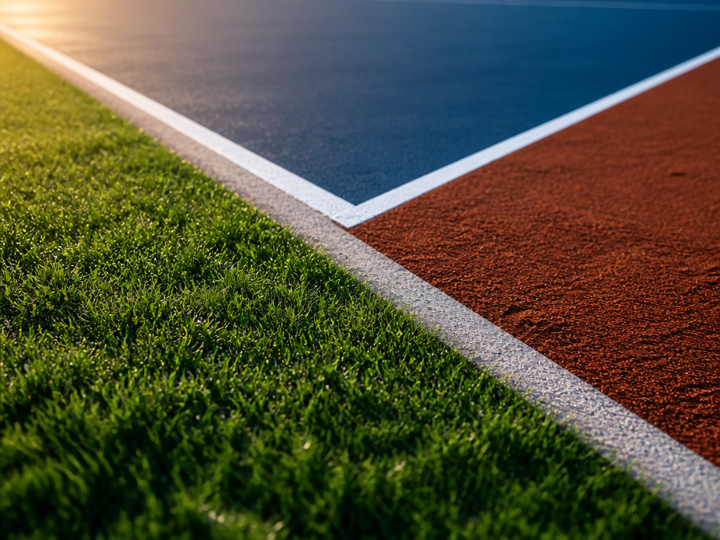 A dramatic ground-level photograph contrasting three tennis surfaces meeting in a single composition: manicured…