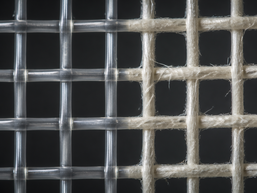 Extreme macro photograph of a tennis racquet string bed, filling the frame with the…