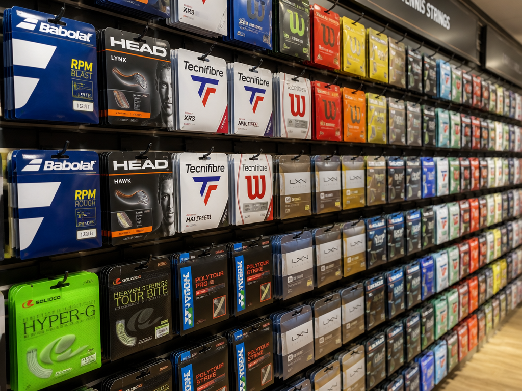 A clean, well-lit specialty tennis shop wall displaying dozens of packaged string sets arranged…