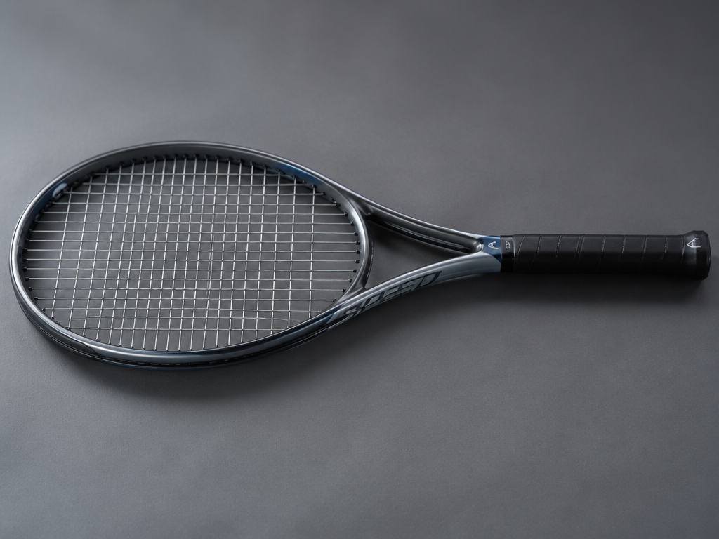 A professional studio still-life photograph of a single modern tennis racquet laid flat on…