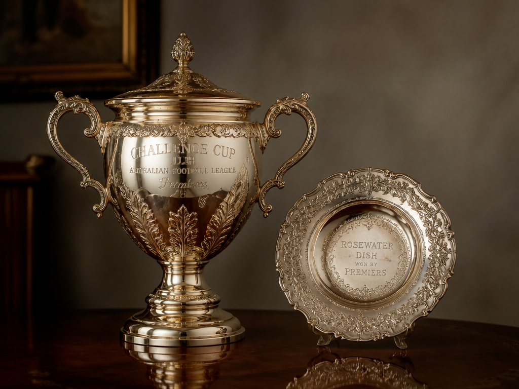 An elegant editorial still life of a gleaming gilded silver Challenge Cup and an…