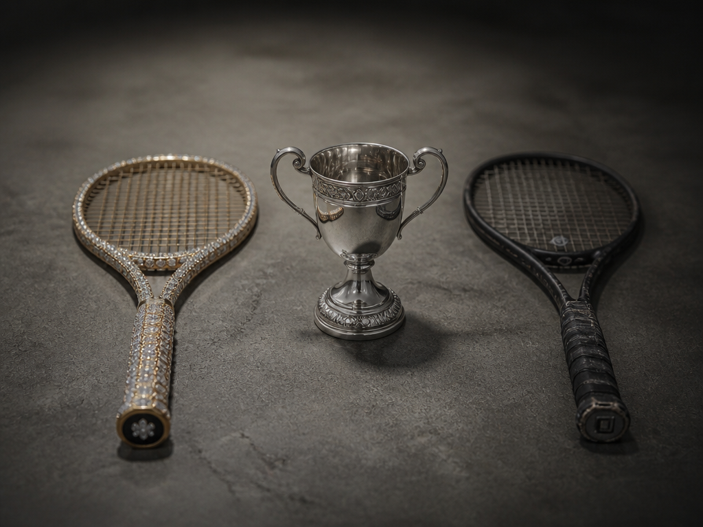 A moody atmospheric photograph of three tennis objects laid out in a row on…