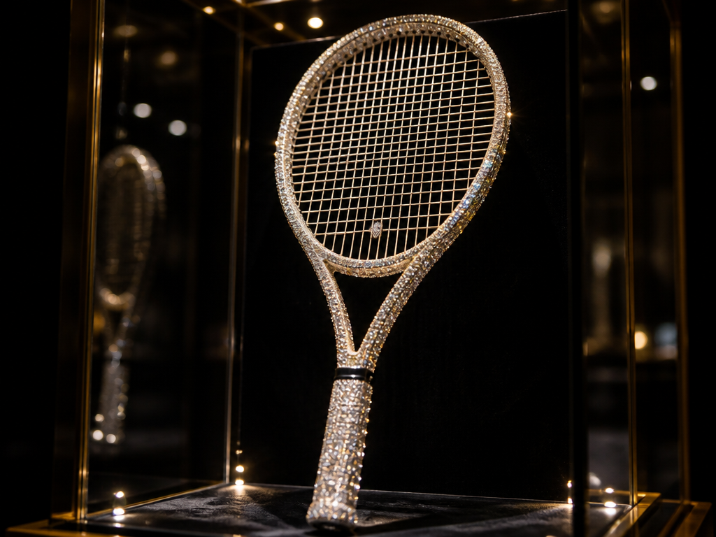 A close-up studio macro photograph of a diamond-encrusted tennis racquet resting upright inside an…