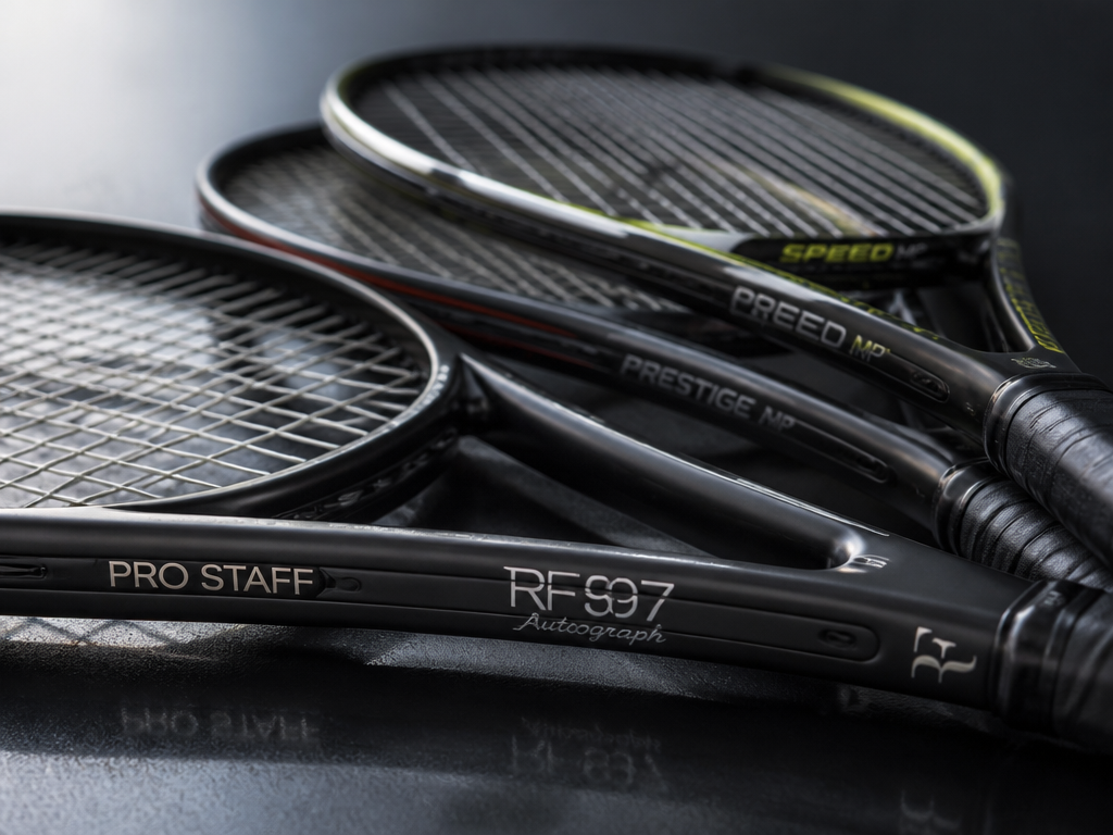 A close-up product still-life of three premium tennis racquets arranged in a precise fan…