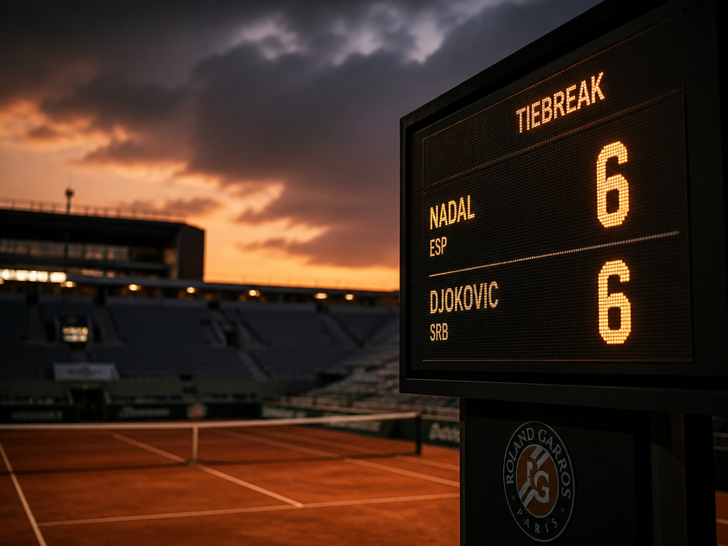 A dramatic low-angle photograph of a professional tennis court scoreboard glowing against a darkening…