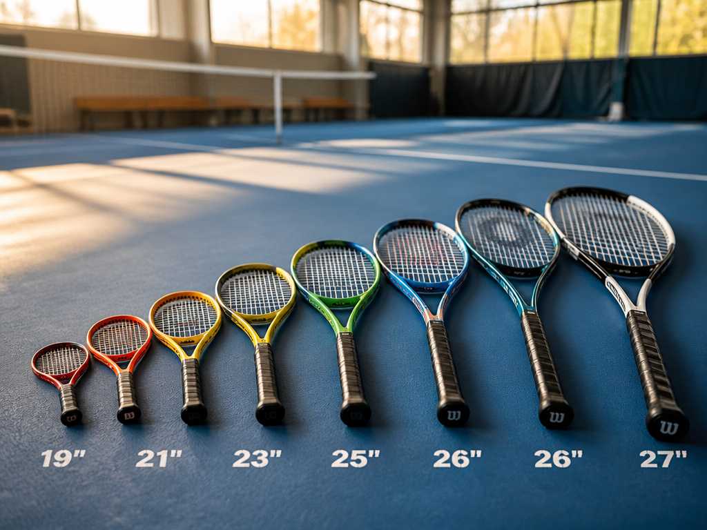 A photorealistic close-up on an indoor tennis court of a neat row of junior…
