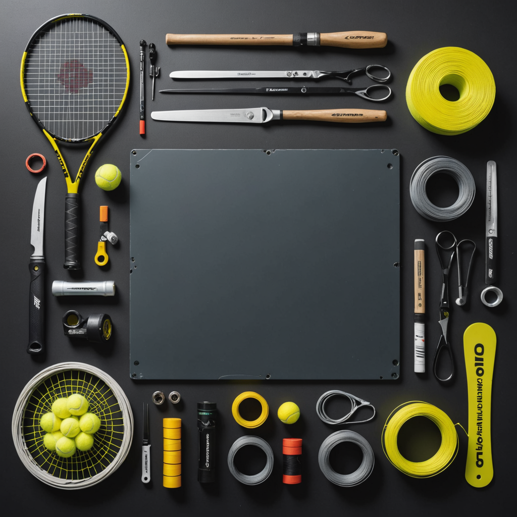 Overhead flat-lay photograph on a dark slate workbench inside a professional racquet stringing shop…