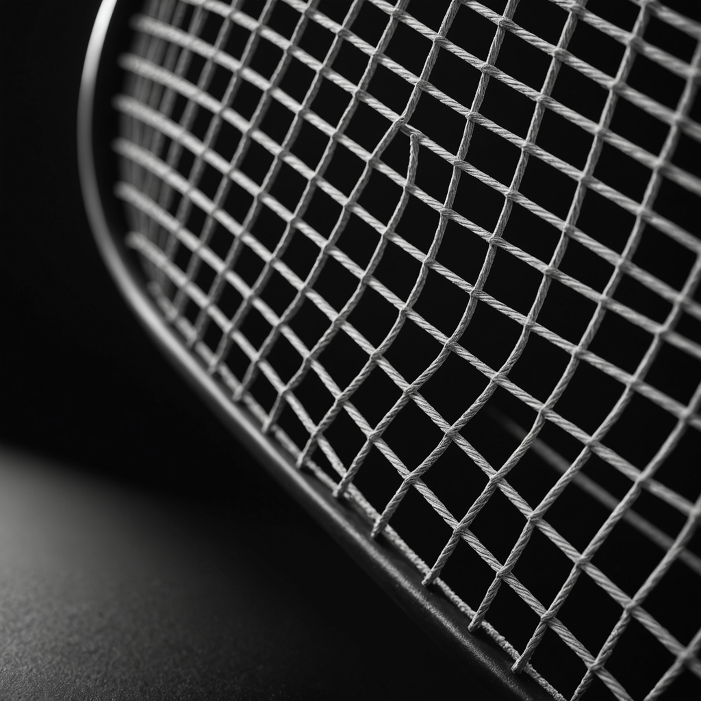 Extreme close-up macro photograph of a black-and-white tennis racquet string bed under dramatic side…