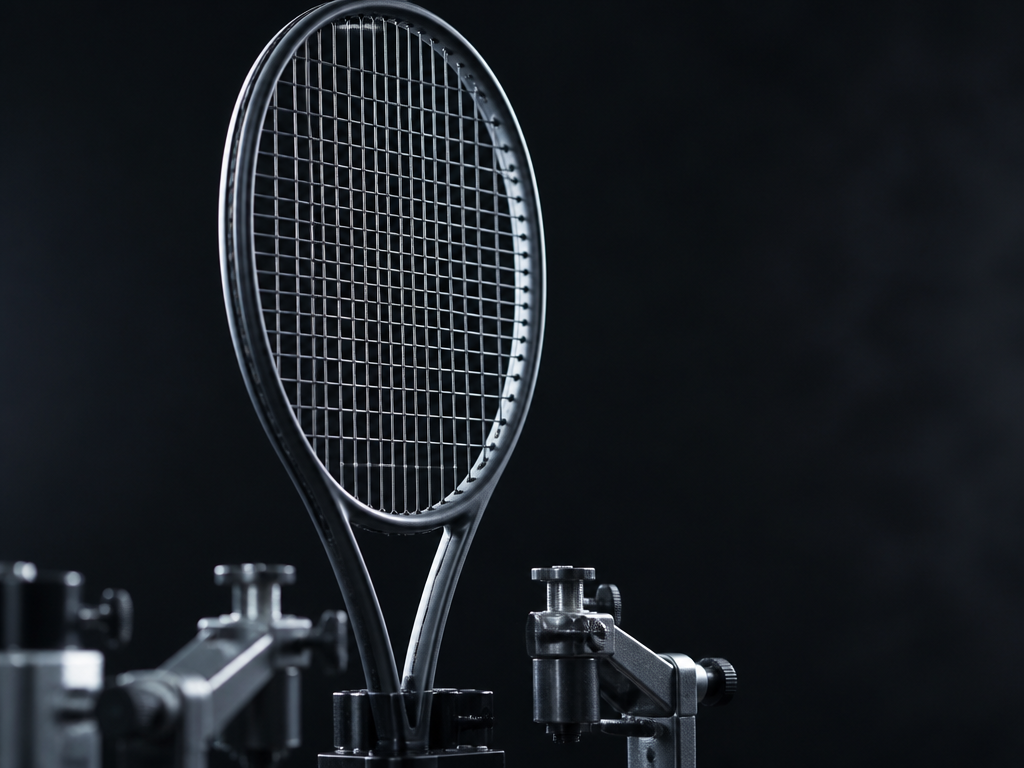 A close-up studio photograph of a single modern graphite tennis racquet clamped vertically in…