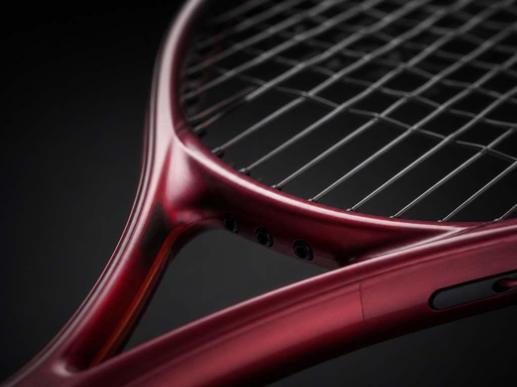 A photorealistic close-up macro photograph of a tennis racquet frame bending slightly under tension…