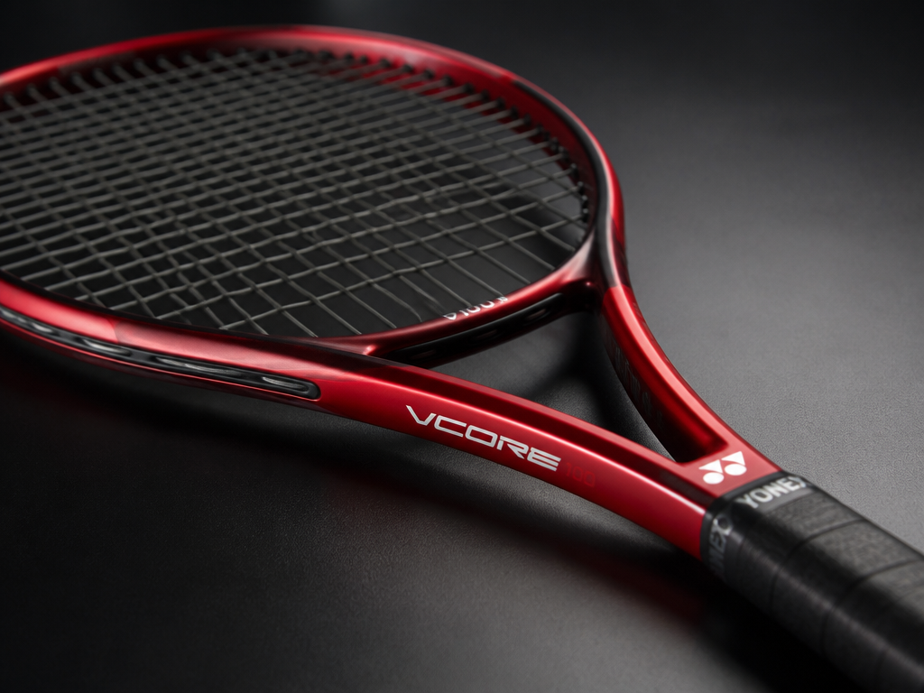 A photorealistic studio product shot of a red anodized tennis racquet with a 100-square-inch…