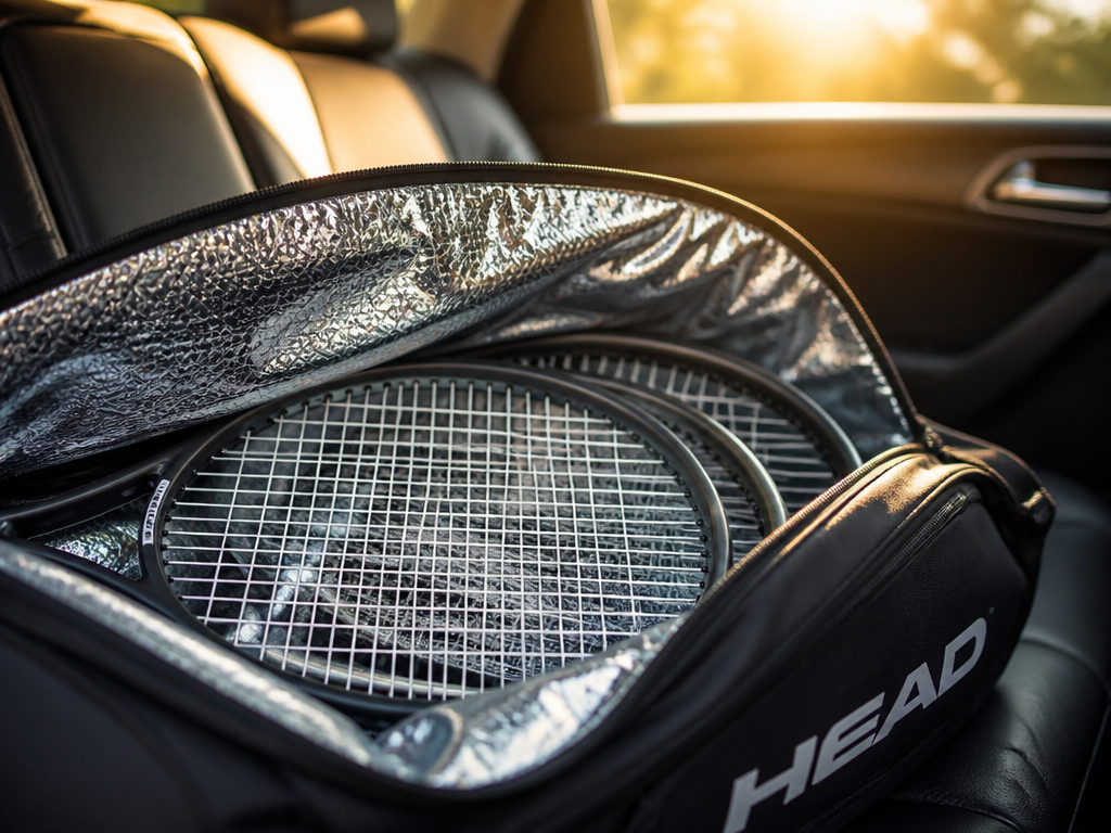 A close-up product photograph of a premium black tennis racquet bag lying open on…
