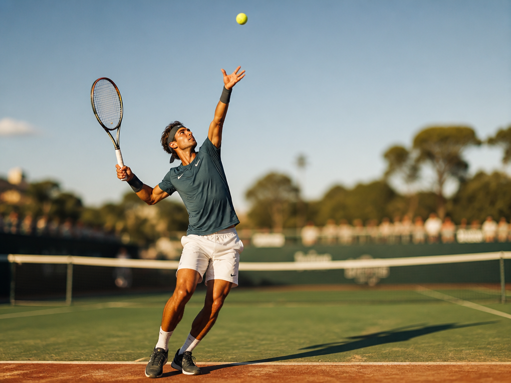 A professional tennis player captured mid-serve at the baseline of an outdoor hard court…