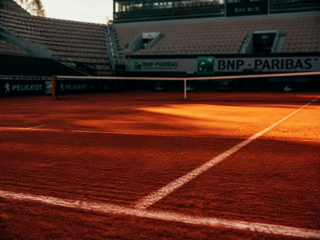 A sweeping wide-angle photograph of an empty clay tennis court at golden hour, the…