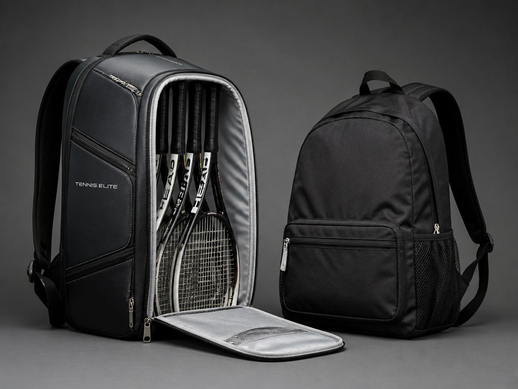 A studio still-life comparison of two tennis backpacks side by side on a seamless…