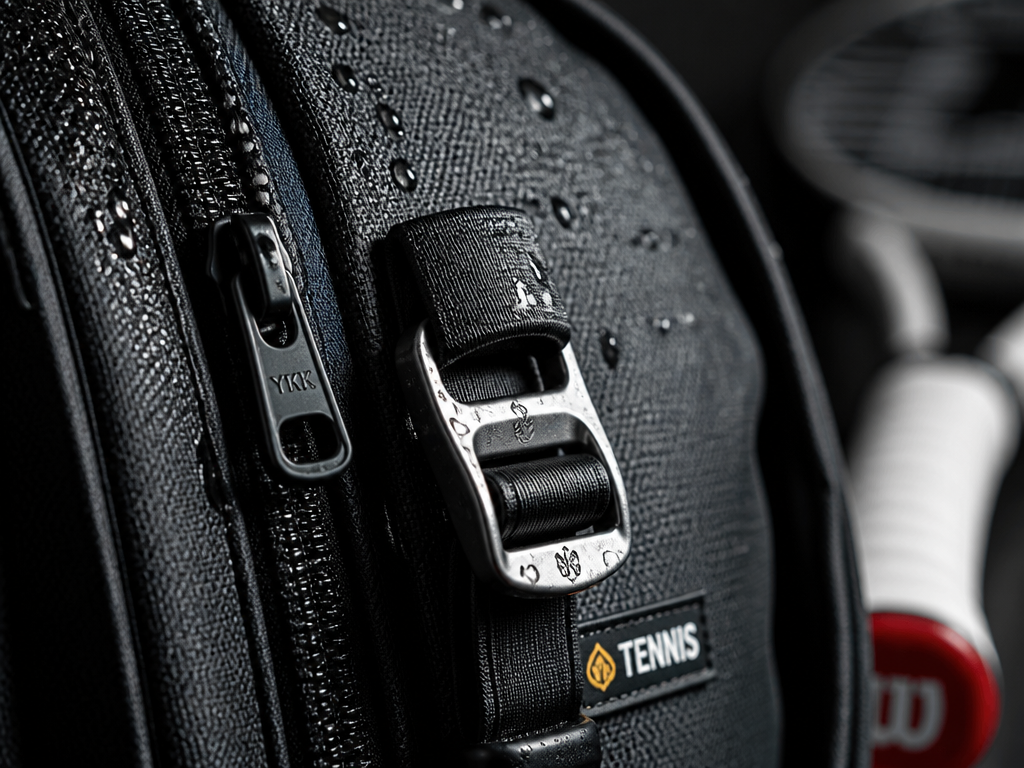 Close-up macro photograph of a heavy-duty YKK zipper and reinforced strap buckle on a…