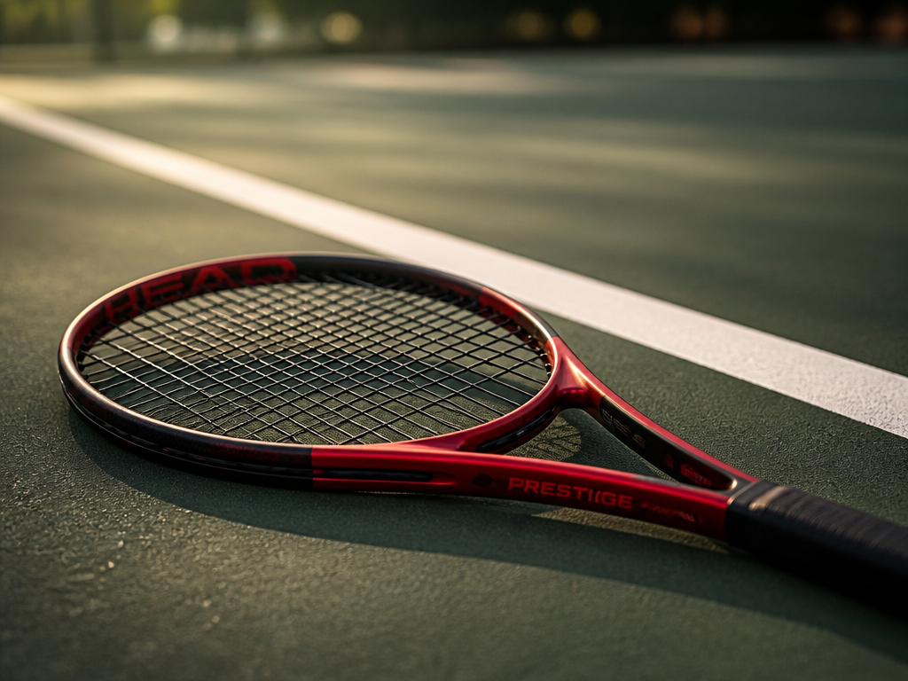 A close-up product-style photograph of a modern red and black tennis racquet resting on…