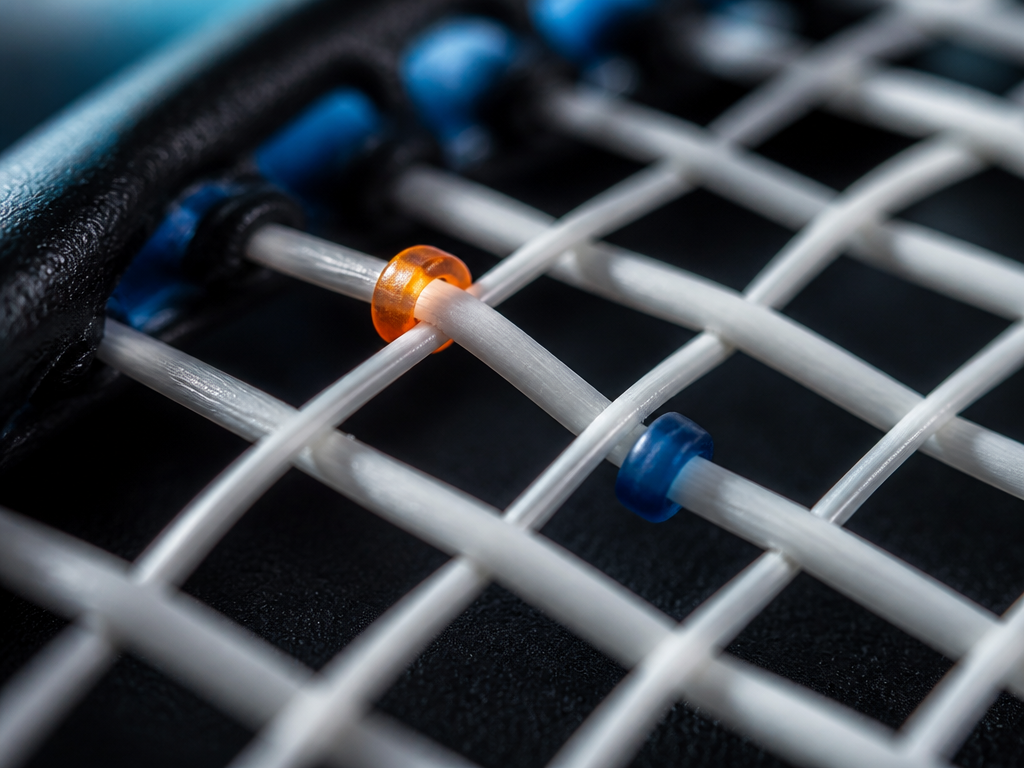 Extreme macro photograph of a tennis racquet string bed shot at a 45-degree angle…