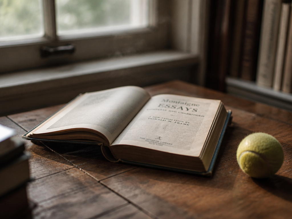 A photorealistic still-life of a worn hardcover essay collection resting open on a rustic…