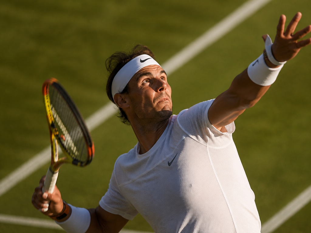 A photorealistic close-up of a professional tennis player mid-serve on a sunlit outdoor grass…