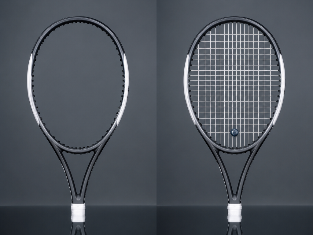 Split-frame conceptual studio still life on a seamless slate-grey backdrop, two identical tennis racquet…